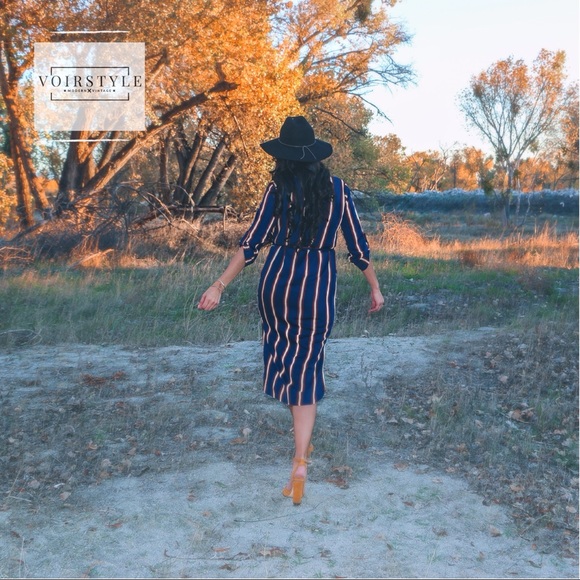 CHIC NAVY STRIPED BUTTON UP MIDI DRESS - Picture 4 of 8